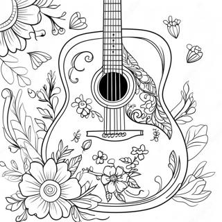 Page à colorier guitare acoustique avec des fleurs | Page de coloriage Guitare