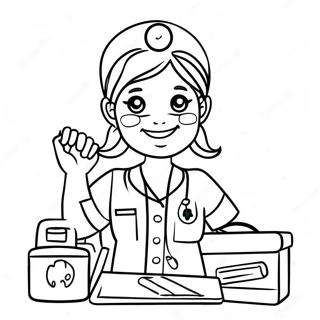 Page à colorier d'une infirmière amicale avec des fournitures de premiers secours | Page de coloriage Premiers Secours
