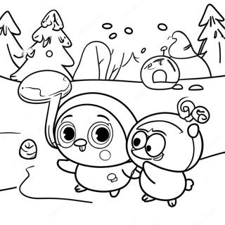 Page à colorier Pororo et ses amis jouant dans la neige | Page de coloriage Pororo