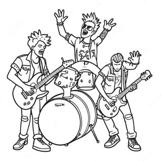 Page à colorier d'un groupe punk rock jouant en direct | Page de coloriage Punk Rock