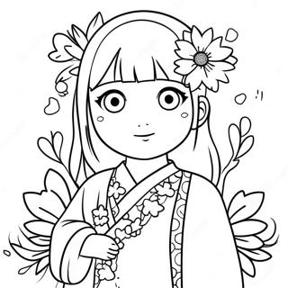 Page à colorier de jolis Hinata avec des fleurs | Page de coloriage Hinata