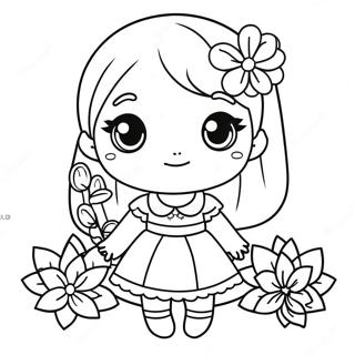 Page à colorier de Mignonne Fille Chibi en Robe de Fleurs | Page de coloriage Fille Chibi