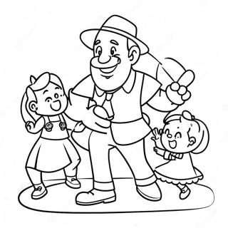 Page à colorier de l'oncle drôle jouant avec des enfants | Page de coloriage Oncle
