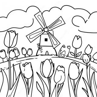 Page à colorier Paysage hollandais avec des tulipes | Page de coloriage Hollande