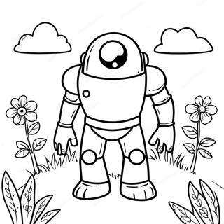 Page à colorier de mignon Golem de fer dans un jardin | Page de coloriage Golem de fer