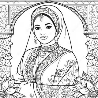 Page à colorier d'une fille musulmane en tenue traditionnelle | Page de coloriage Fille musulmane