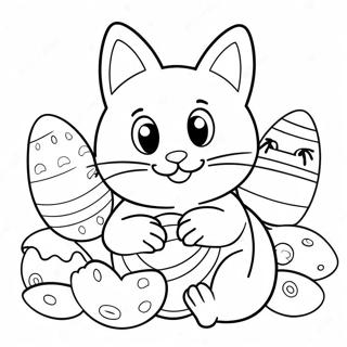 Page à colorier de chat de Pâques joueur avec des œufs | Page de coloriage Chat de Pâques