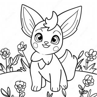Page à colorier de Leafeon mignon dans un champ de fleurs | Page de coloriage Leafeon