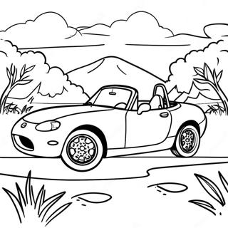 Mazda Miata dans un paysage pittoresque à colorier | Page de coloriage Miata