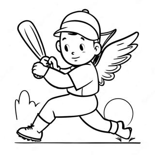 Page à colorier d'un joueur de baseball ange balançant une batte | Page de coloriage Anges Baseball