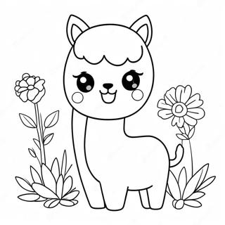 Page à colorier de joli alpaga avec des fleurs | Page de coloriage Alpaga