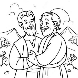 Page à colorier du Fils Prodigue avec son père joyeux | Page de coloriage Fils prodigue