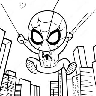 Page à colorier de Spiderman chibi se balançant à travers la ville | Page de coloriage Chibi Spiderman