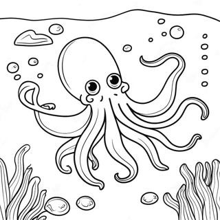 Page à colorier de la scène sous-marine colorée du calmar géant | Page de coloriage Calmar Géant