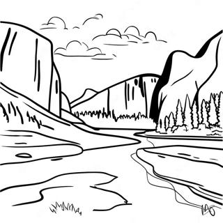 Page à colorier de la majestueuse vallée de Yosemite | Page de coloriage Yosemite