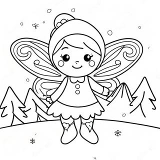 Page à colorier de la fée de Noël étincelante dans une scène enneigée | Page de coloriage Fée de Noël