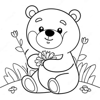 Page à colorier d'ours brun mignon avec des fleurs | Page de coloriage Ours brun