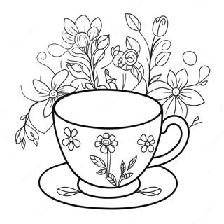 Page à colorier de tasse à thé fantaisiste avec des fleurs | Page de coloriage Tasse
