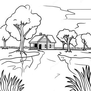 Page à colorier du paysage charmant du delta du Mississippi | Page de coloriage Mississippi