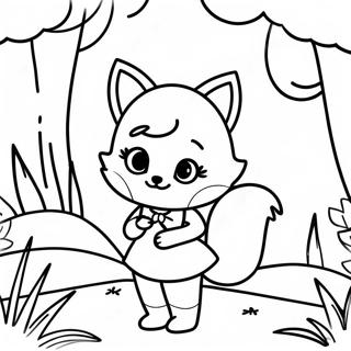 Page à colorier de la mignonne fille renard dans une forêt | Page de coloriage Fille Renard