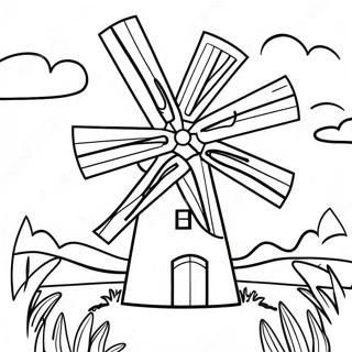 Page à colorier de moulin à vent coloré dans un paysage ensoleillé | Page de coloriage Moulin à vent