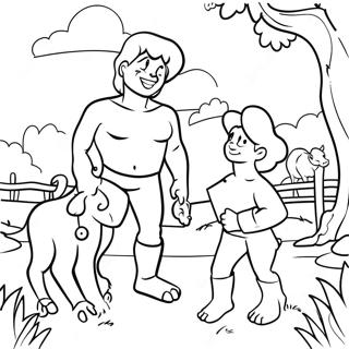 Page à colorier de Caïn et Abel avec des animaux de la ferme | Page de coloriage Caïn et Abel