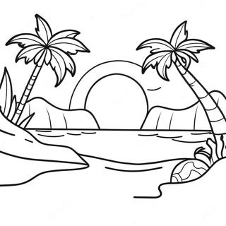 Page à colorier de plage au coucher de soleil hawaïen | Page de coloriage Hawaïen