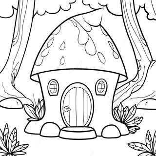 Page à colorier de la maison de gnome dans une forêt magique | Page de coloriage Maison de Gnome