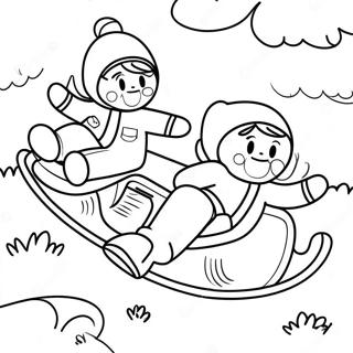 Page à colorier de jolis enfants faisant de la luge sur une colline | Page de coloriage Luge
