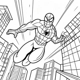 Page à colorier Spiderman 2099 Se Balançant à Travers la Ville | Page de coloriage Spiderman 2099