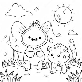 Page à colorier des créatures fantaisistes dans le monde étrange | Page de coloriage Monde Étrange