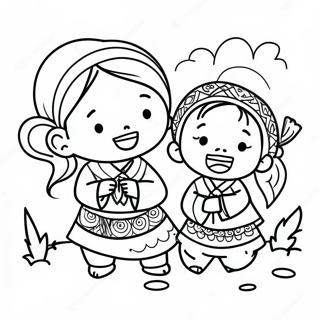 Page à colorier d'enfants Hmong jouant | Page de coloriage Hmong