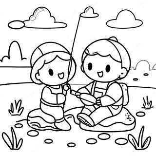 Page à colorier des enfants mignons pêchant au bord du lac | Page de coloriage Parti Pêcher
