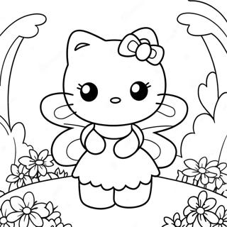 Page à colorier de la Mignonne Fée Hello Kitty dans un Jardin de Fleurs | Page de coloriage Fée Hello Kitty