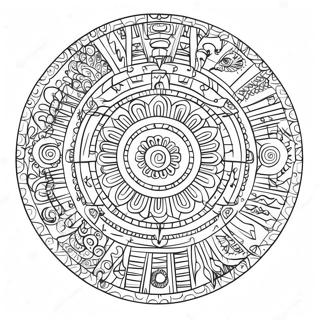 Page à colorier calendrier aztèque complexe | Page de coloriage Calendrier Aztèque