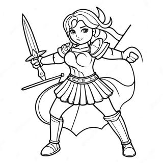 Page à colorier de guerrière avec épée | Page de coloriage Guerrière
