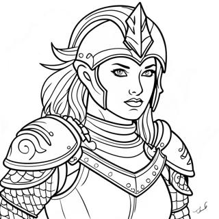 Page à colorier de guerrière féroce en armure de bataille | Page de coloriage Guerrière