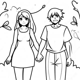 Page à colorier d'un couple d'anime se tenant la main | Page de coloriage Couple Anime