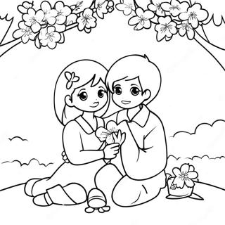 Page à colorier d'un mignon couple d'anime sous un cerisier en fleurs | Page de coloriage Couple Anime