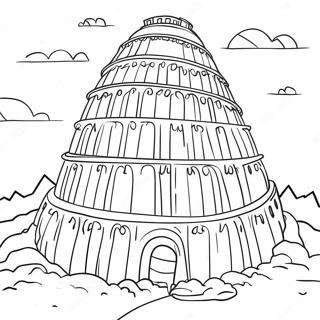 Page à colorier de la scène colorée de la Tour de Babel | Page de coloriage Tour de Babel