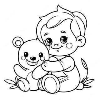 Page à colorier d'un mignon bébé garçon avec un ours en peluche | Page de coloriage Bébé Garçon