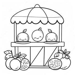 Page à colorier d'un mignon stand de limonade avec des citrons souriants | Page de coloriage Stand de Limonade