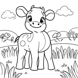 Page à colorier de veau mignon dans un pré | Page de coloriage Veau