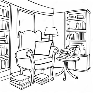 Page à colorier Bibliothèque avec un coin lecture confortable | Page de coloriage Bibliothèque