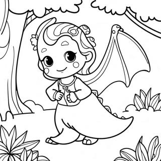 Coloriage de fille dragon dans une forêt magique | Page de coloriage Fille Dragon