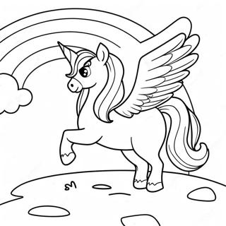 Page à colorier de péga-corne magique dans un paysage arc-en-ciel | Page de coloriage Pégacorne
