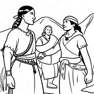 Page à colorier de la brave Sacagawea guidant Lewis et Clark | Page de coloriage Sacagawea
