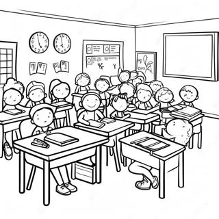 Page à colorier d'une scène de classe colorée | Page de coloriage Début de l'année