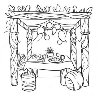 Page à colorier de soukka festive avec décorations | Page de coloriage Soukkah