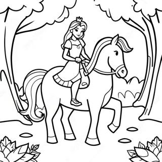 Page à colorier Princesse à cheval dans une forêt magique | Page de coloriage Princesse Cheval